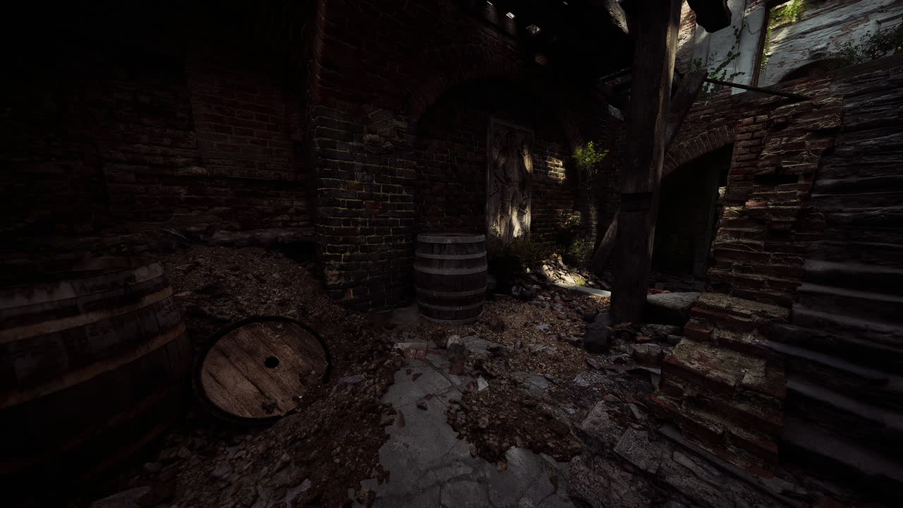 배럴과 균열을 통해 필터링 자연 빛과 함께 버려진 지하실