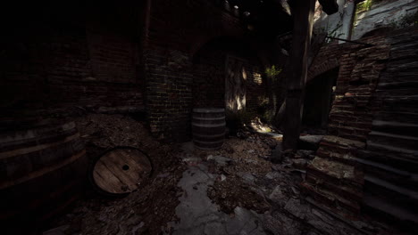 abandoned cellar with barrels and natural light filtering through cracks