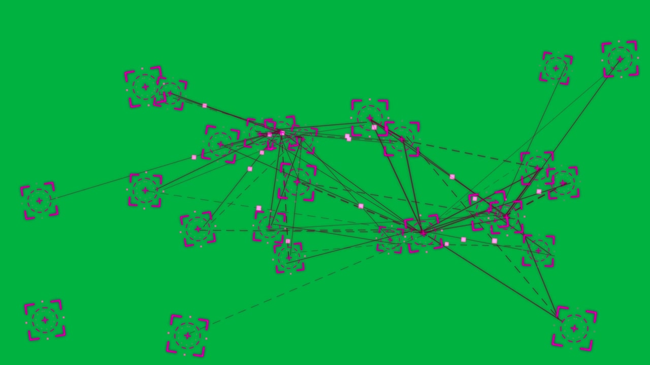 On play magenta nodes adding links, routing white dots, showing data flow on transparent canvas