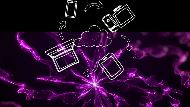 Animation of multiple icons rotating around cloud icon on abstract pattern against black background