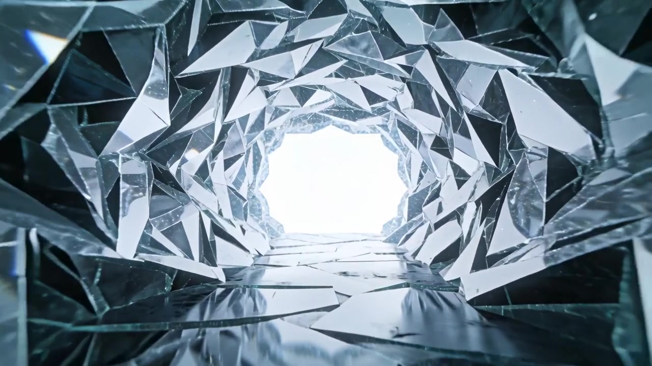 Camera pushing through faceted tunnel over mirrored floor with droplets, moving toward hexagon exit