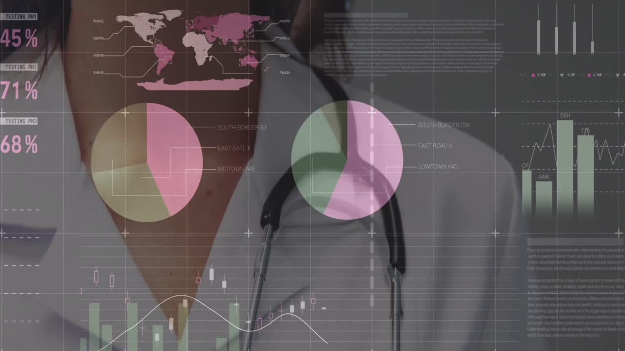 animación del procesamiento de datos sobre una doctora caucásica