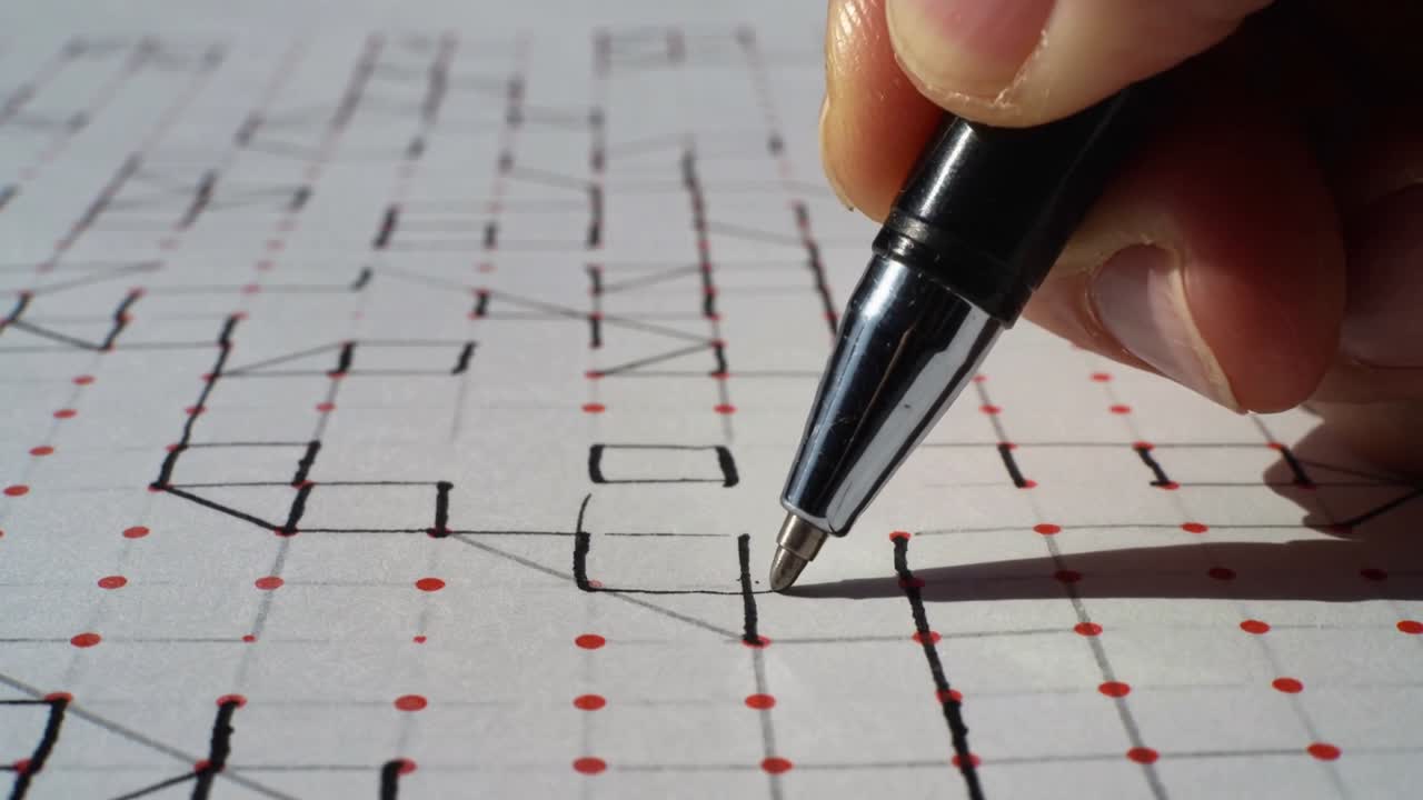 Pressing right hand holding black pen drawing bold lines on red-dot grid paper for forming boxes