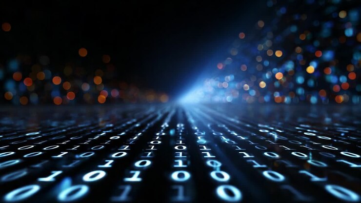 A captivating perspective of a digital landscape dominated by binary code, the image showcases a mesmerizing flow of ones and zeros extending into the distance, surrounded by a shimmering backdrop of colorful lights