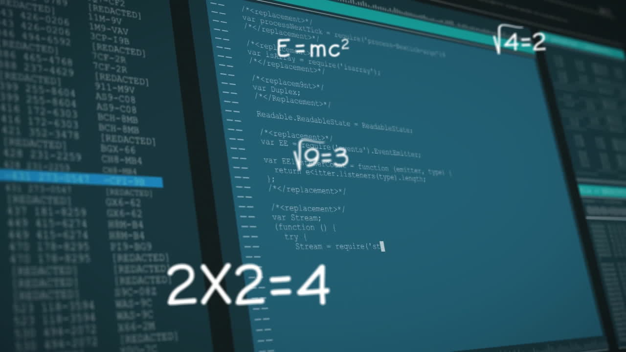 Computer screen showing animation of coding interface with mathematical equations overlay