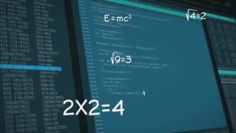 computer screen showing animation of coding interface with mathematical equations overlay