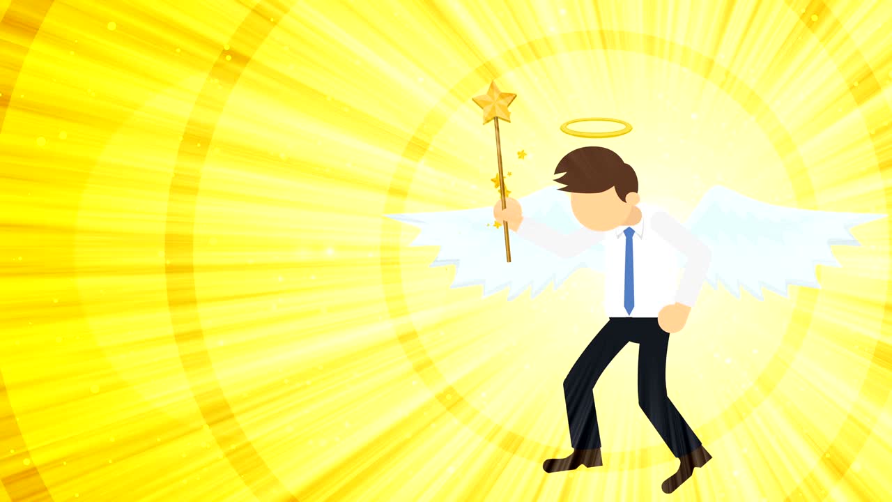 천국에서 날아다니는 만화 천사. 행복. 비즈니스 의상. 코스플레이. 루프 플래트 디자인.