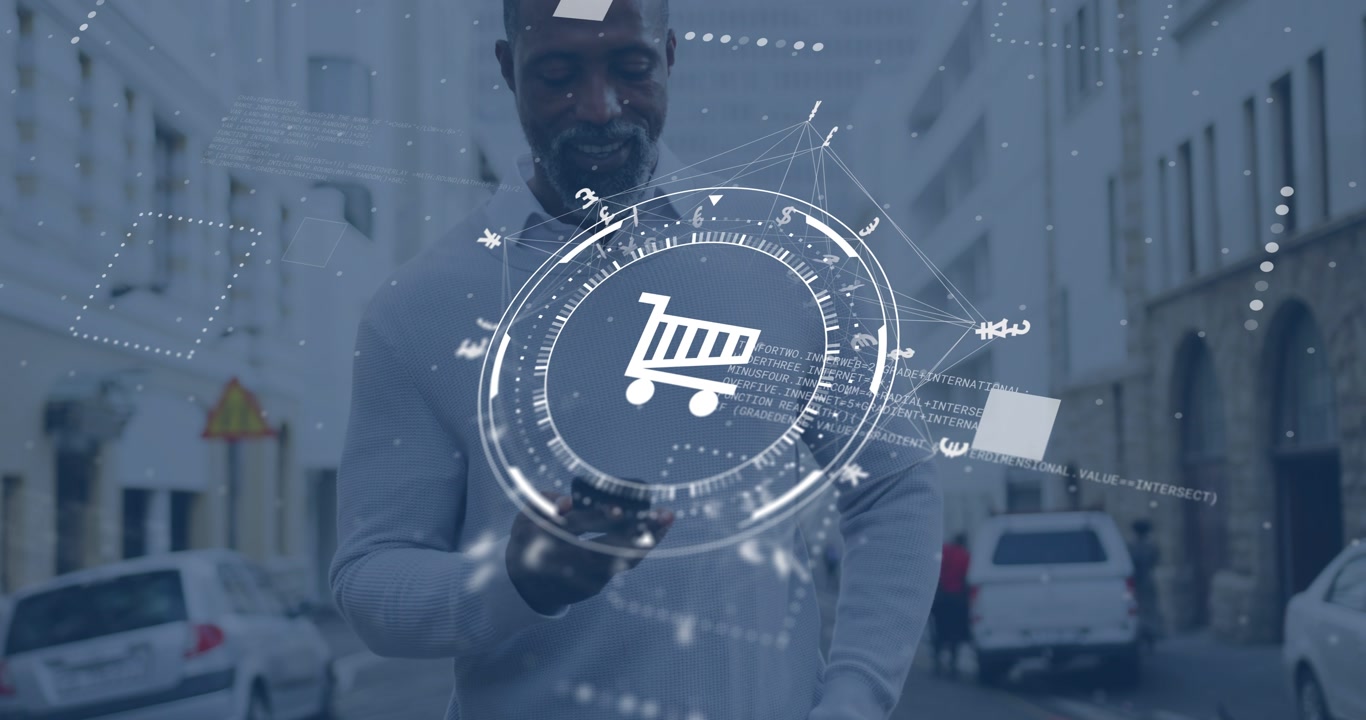 Man walking street holding phone, AR shopping cart appearing, tracking phone while tapping to shop