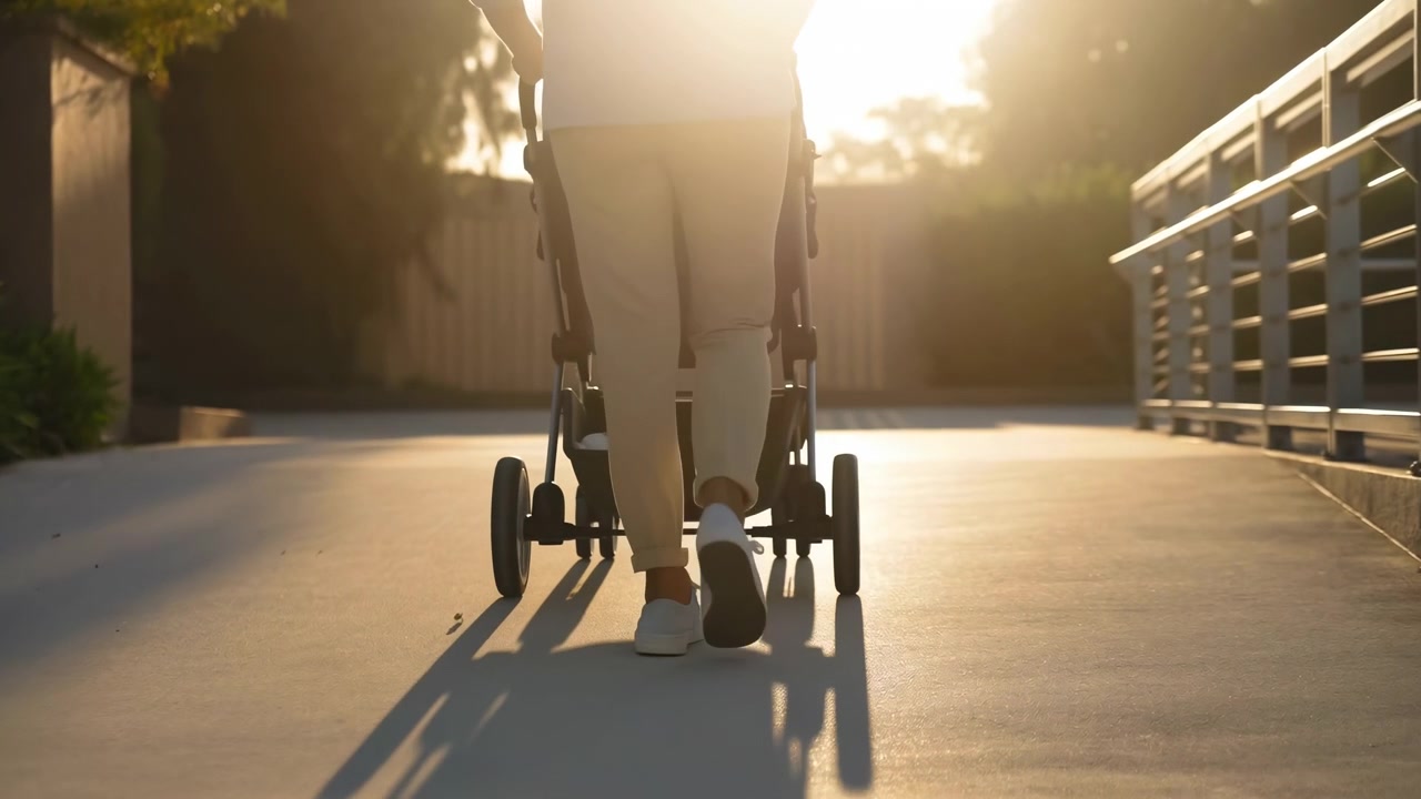 Una vista a livello del suolo mostra la metà inferiore di un adulto che spinge un passeggino su un sentiero suburbano pavimentato durante l'ora d'oro, con una luce di contorno soffusa, ombre lunghe e un tranquillo movimento quotidiano.