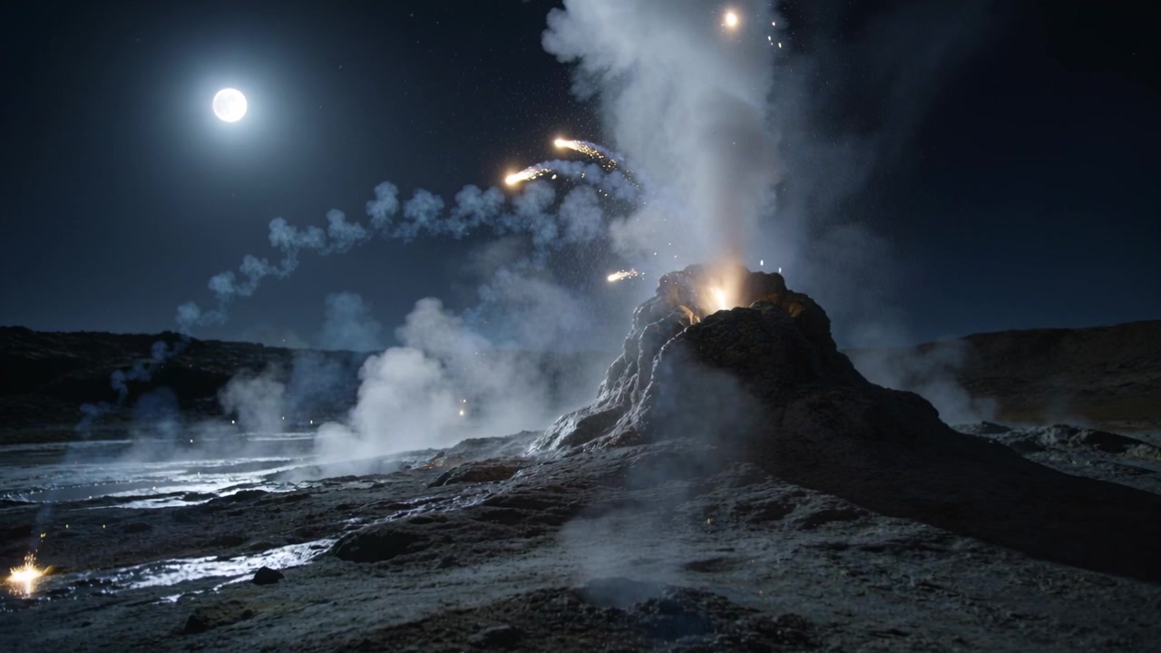 Eruptující centrální průduch po narůstání tlaku, vysílající žhnoucí úlomky a páru pod úplňkem.