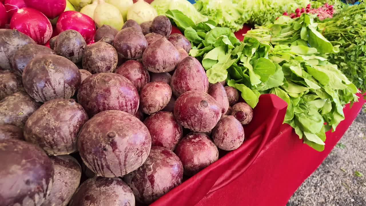 Fresh vegetables including beets, arugula, and radishes