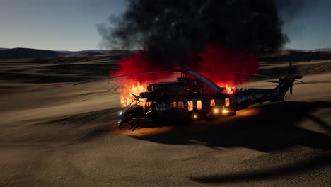 burned-military-helicopter-in-the-desert-at-sunset