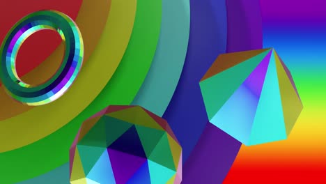 Animation-of-3d-multicoloured-shapes-over-rainbow-background