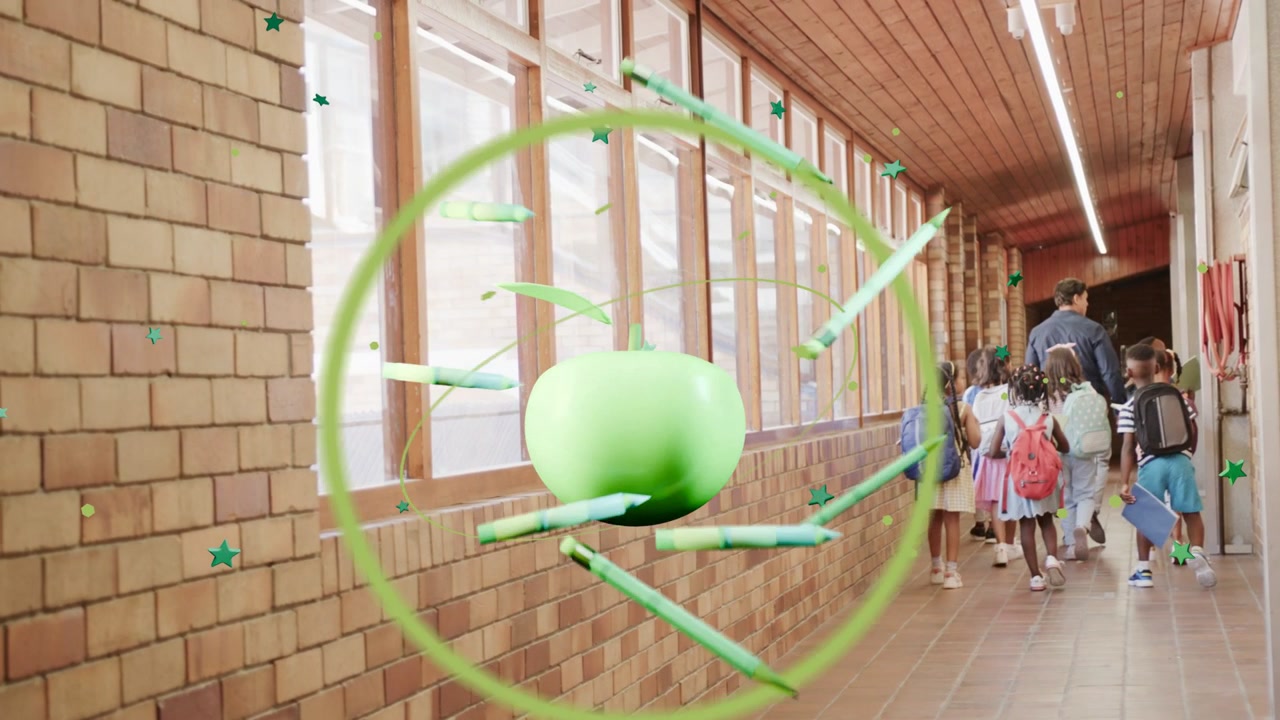 Man leading kids in school, ledge dot growing into green apple, firing pencils, stars engaging kids