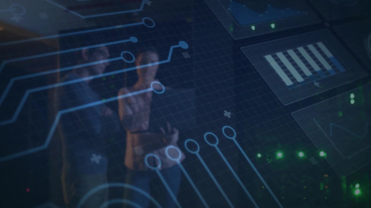Two tech professionals interacting in control center, with holographic charts and circuit lines
