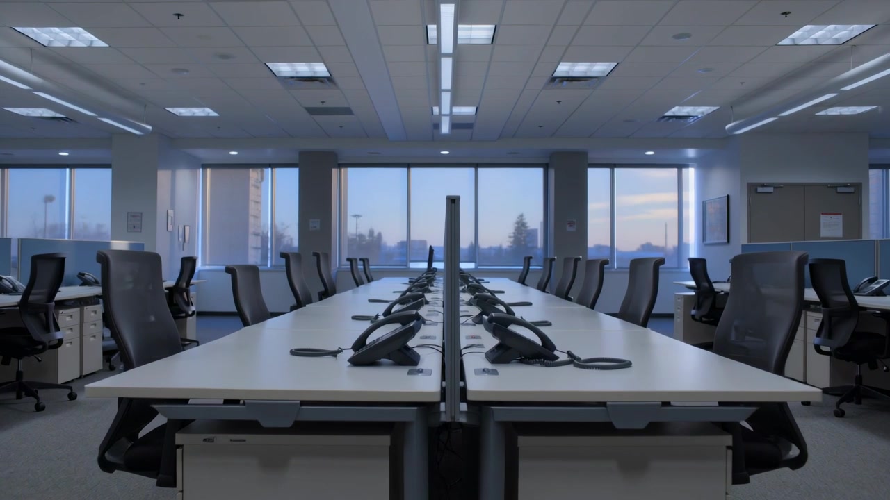Pushing camera forward revealing central workstations in open office, filming dawn light and phones