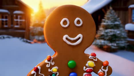 gingerbread man in a snowy christmas village scene