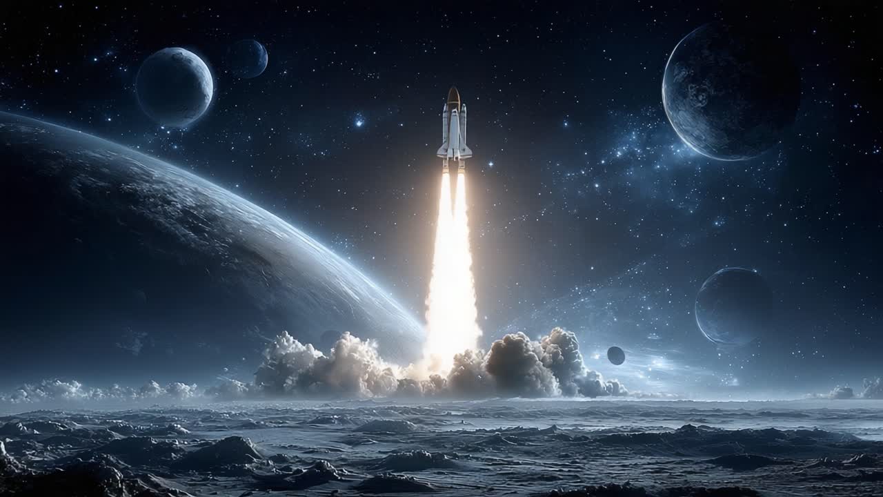 Majestic Launch of a Space Rocket Amidst Cosmic Wonders, Showcasing Stunning Planets and Celestial Beauty in the Infinite Universe