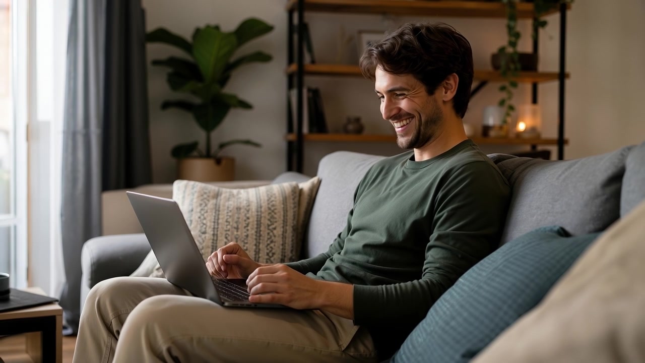 Happy young man sitting on a sofa and working on a laptop with a smile