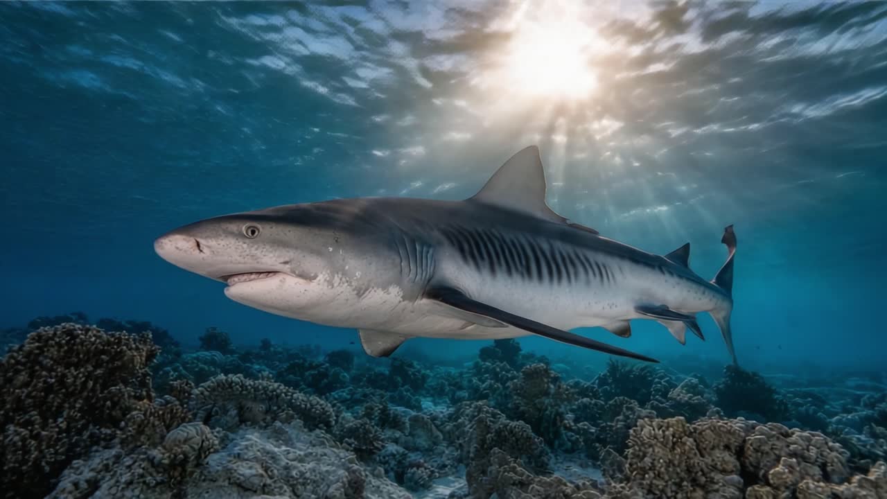 Majestic Shark Gliding Through Crystal Clear Waters Illuminated by Sunlight, Surrounded by Vibrant Coral Reefs Creating an Enchanting Underwater Scene