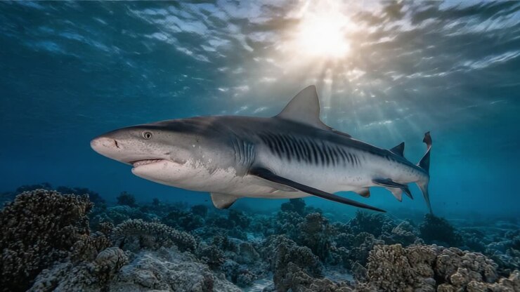Majestic Shark Gliding Through Crystal Clear Waters Illuminated by Sunlight, Surrounded by Vibrant Coral Reefs Creating an Enchanting Underwater Scene