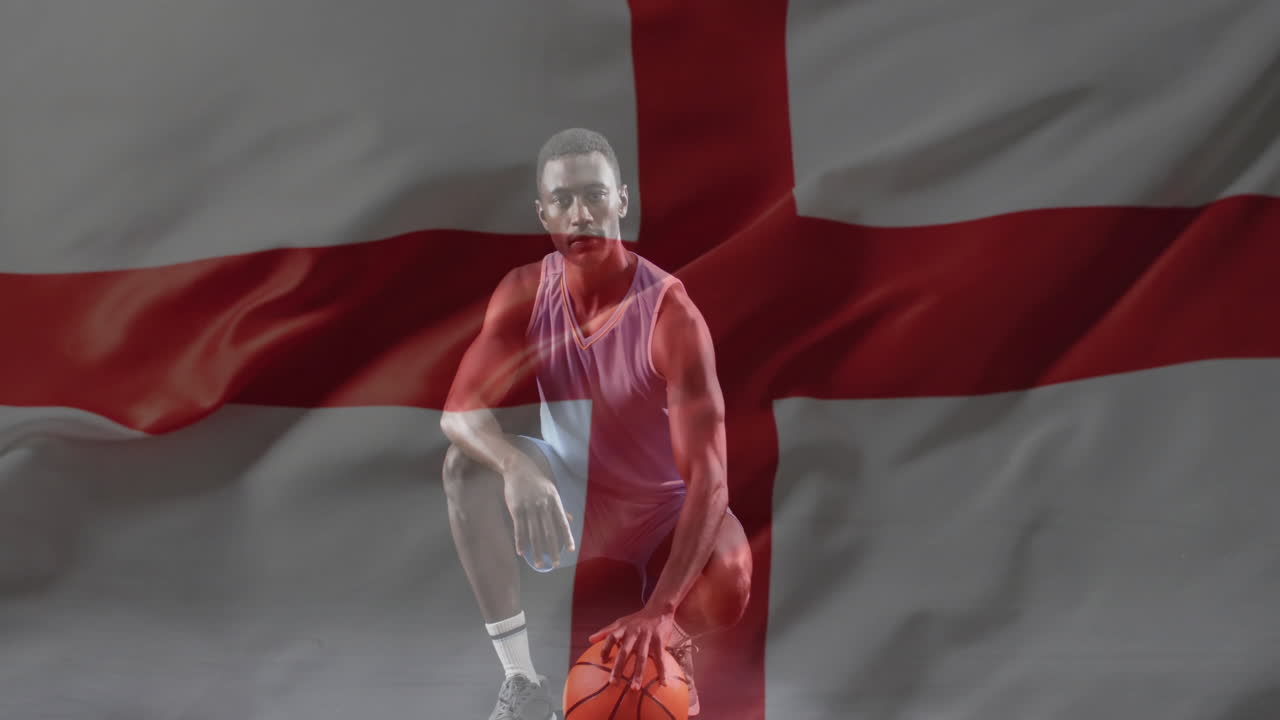 아프리카계 미국인 남자 농구 선수 위에 있는 잉글랜드 발의 애니메이션