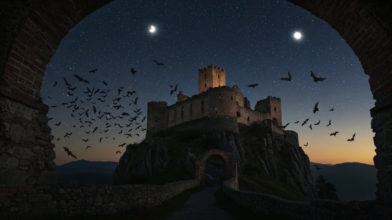A Majestic Castle Perched on a Mountain Silhouette Under a Starry Night Sky with Moonlight, Surrounded by Bats in Flight