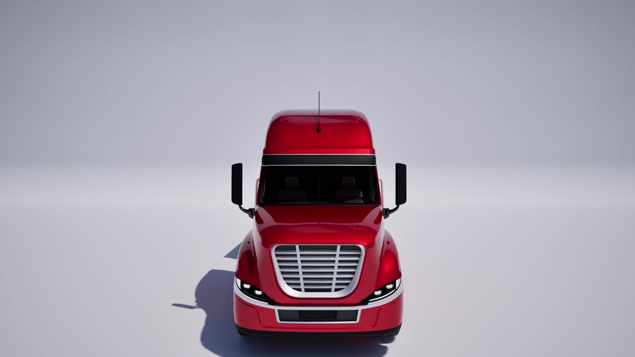 US style red color semi-truck with trailer on white background 3D animation camera dolly up