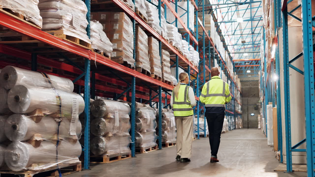 Two warehouse workers walking down an aisle of stacked shelves