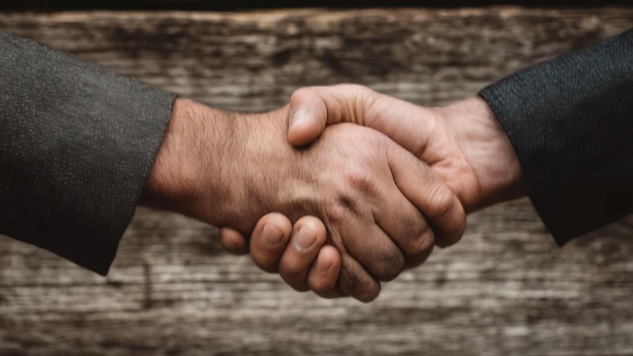 A Profound Gesture of Unity and Trust: Two Hands Firmly Shaking in a Moment of Agreement and Connection on an Earthy Background