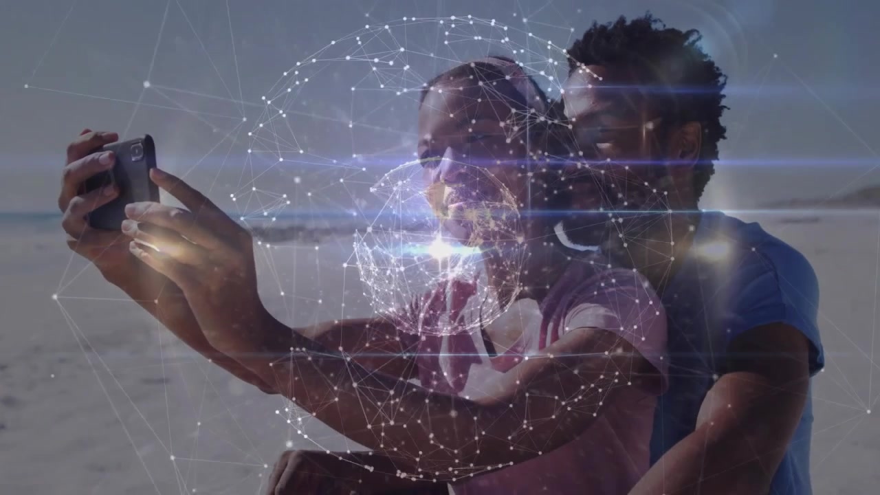 couple capturing beach selfie for social media marketing, showing animated network nodes