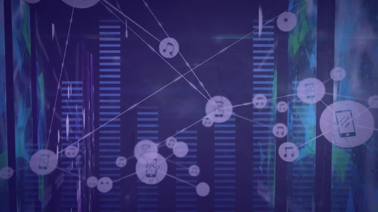 Animation of network of digital icons and screens of plexus networks against blue background
