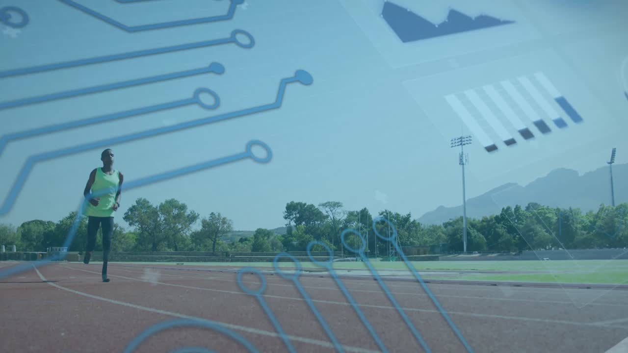 아프리카계 미국인 장애인 남자의 러닝 블레이드 훈련에 대한 디지털 데이터의 애니메이션