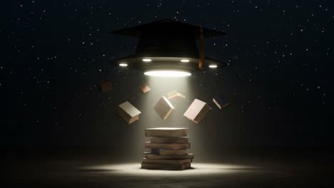 a floating graduation cap hovers over a stack of books illuminated by a beam of light, symbolizing knowledge and achievement in education