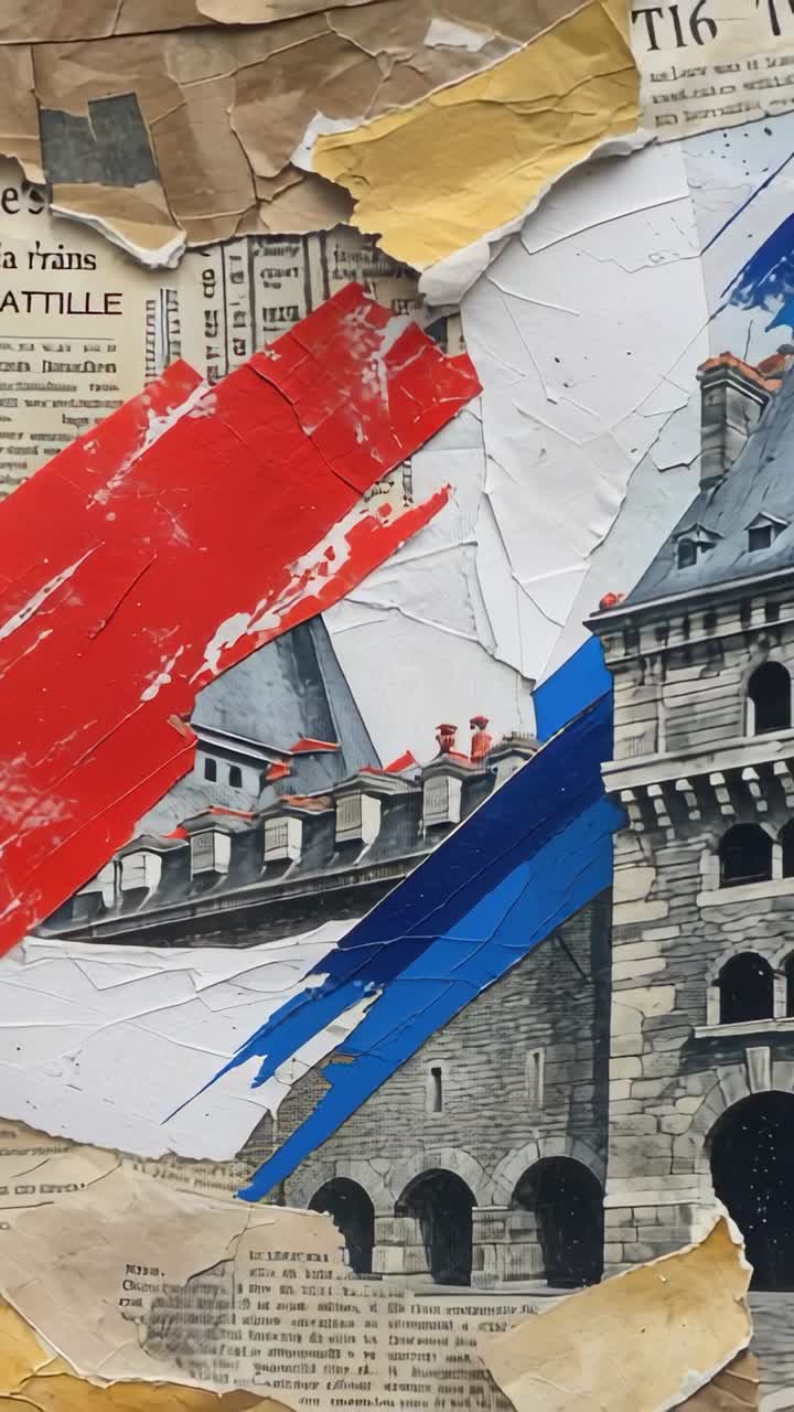 Vertical video: Zooming out on collage art on beige wall revealing torn clippings and paint strokes