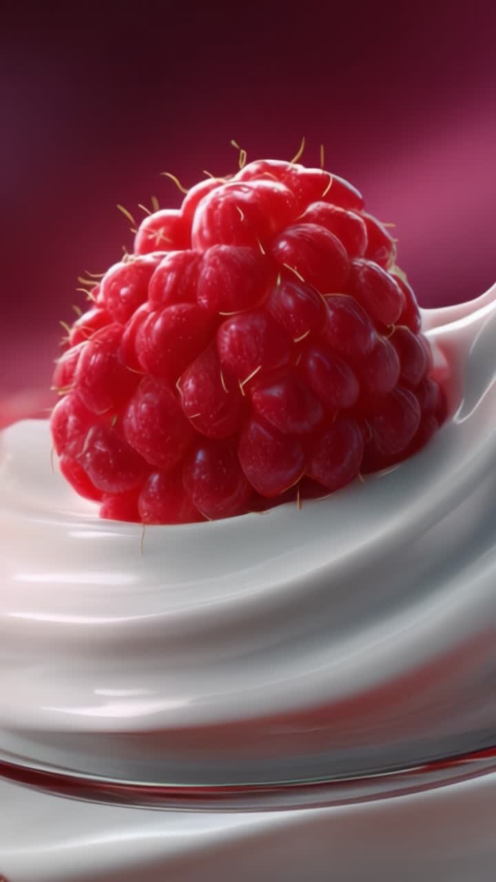 Primo piano di un lampone fresco su una spirale bianca cremosa, che cattura la consistenza succosa e il colore vibrante su uno sfondo rosa tenue, perfetto per immagini di dessert