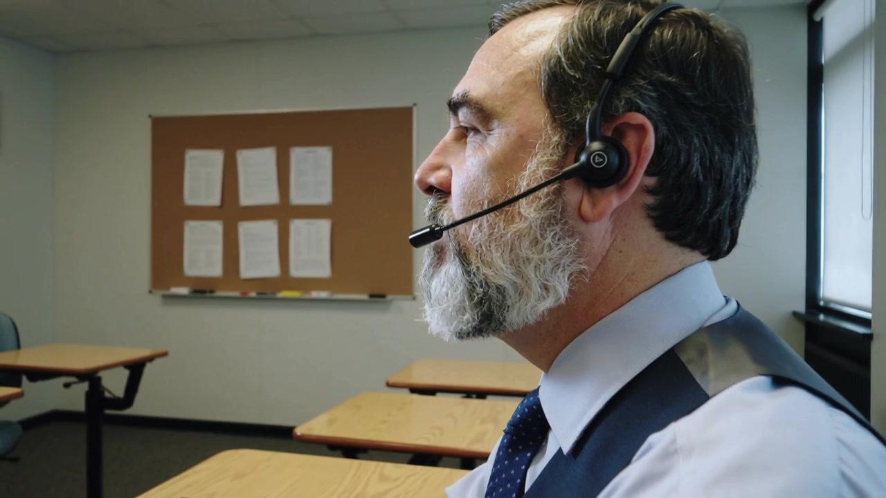 Ricevendo una chiamata in arrivo, un allenatore in camicia blu regola l'auricolare e abbassa il microfono ad asta in un'aula.