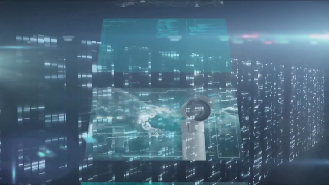 Animation of light spots and digital screens on blue background
