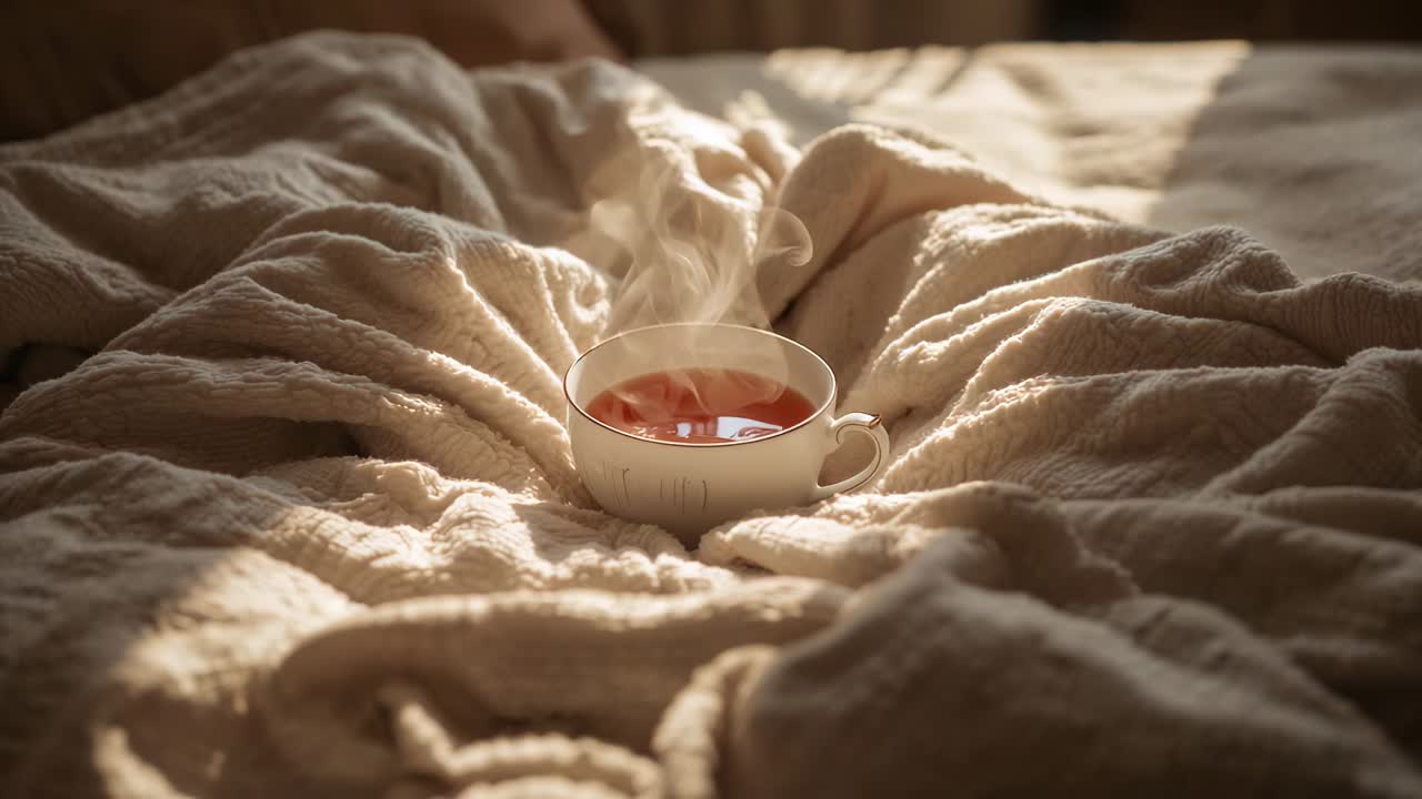 Cooling white teacup sitting in cream knit blanket on bed, sunlight shifting causing steam thinning
