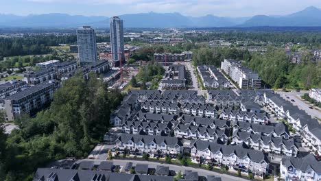 panoramic view of townhouse residential in the city of langley in british columbia, canada. aerial drone shot