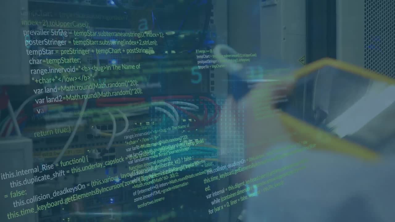 Animation of cyber security data processing over mid section of male engineer working at server room