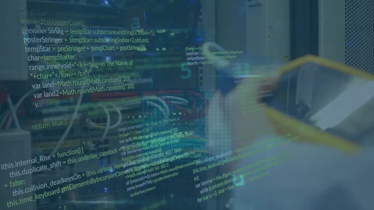 Animation of cyber security data processing over mid section of male engineer working at server room