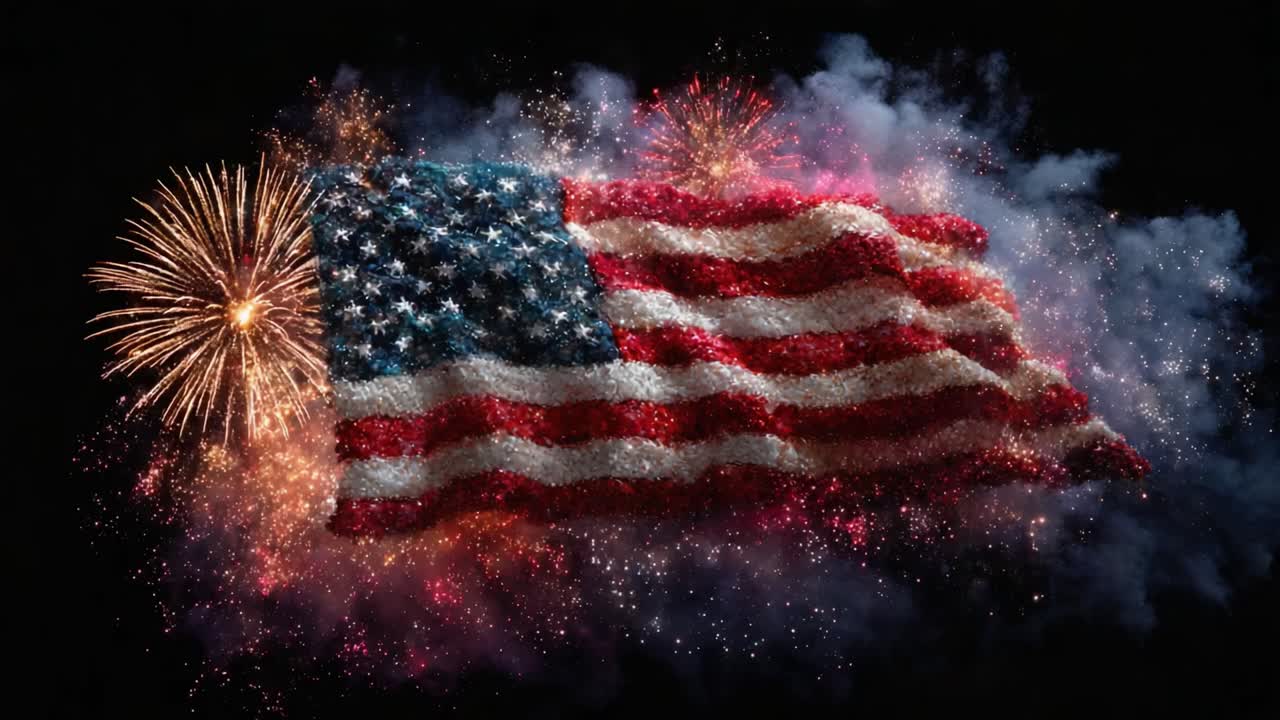 A Stunning Display of Patriotism: A Flag Made of Fireworks Against a Night Sky Brimming with Colorful Explosions