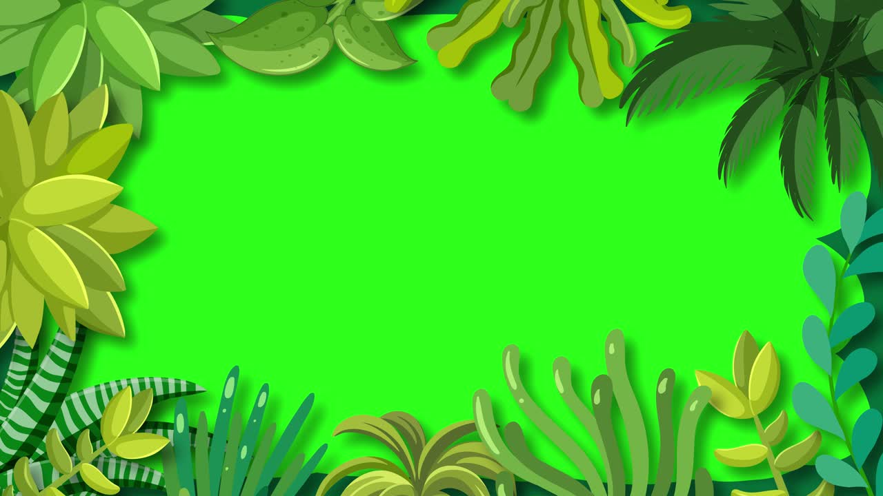 Looping animation of layered tropical leaves framing a vibrant green screen center, with subtle swaying motion and soft, even lighting for compositing