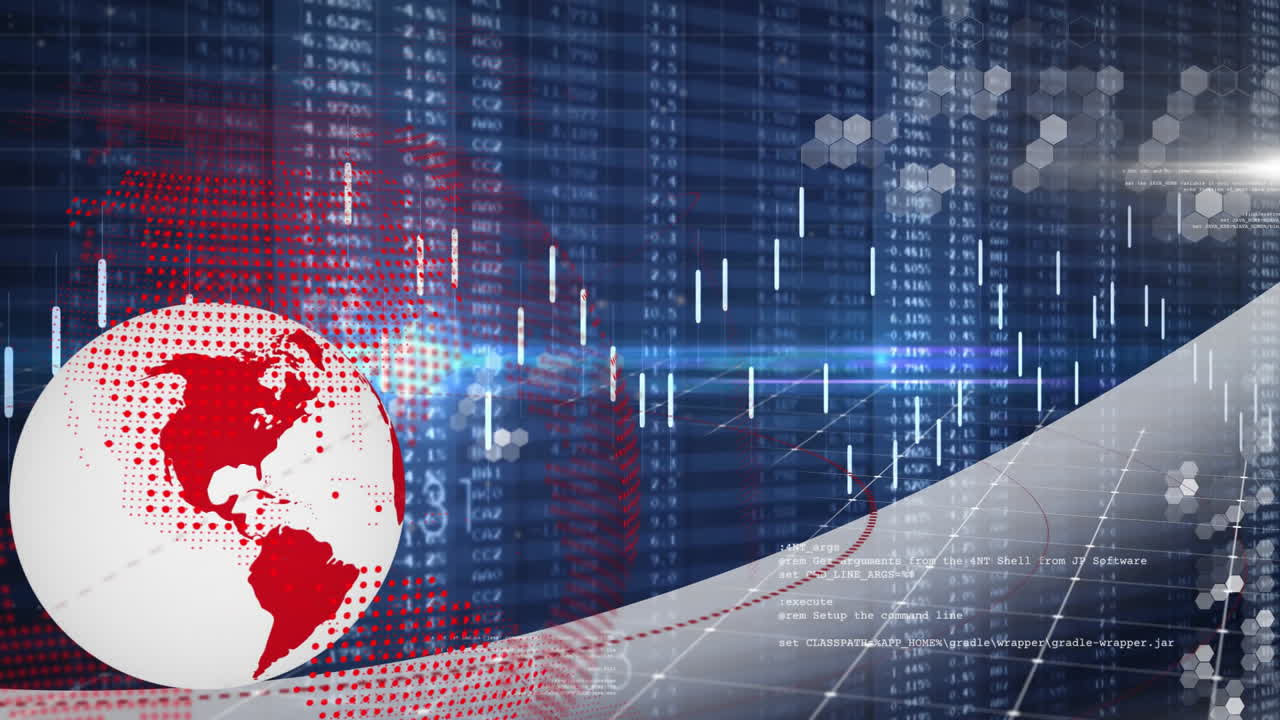 animación de datos financieros y análisis del mercado de valores sobre mapas y gráficos del mundo