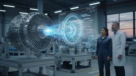engineers analyze advanced turbine technology with augmented reality in a state-of-the-art manufacturing facility, bridging innovation and engineering insights.