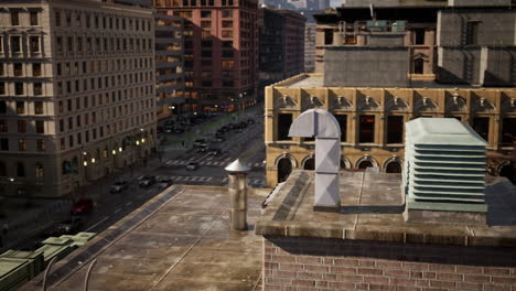 una vista de alto ángulo de un techo de la ciudad con respiraderos y chimeneas