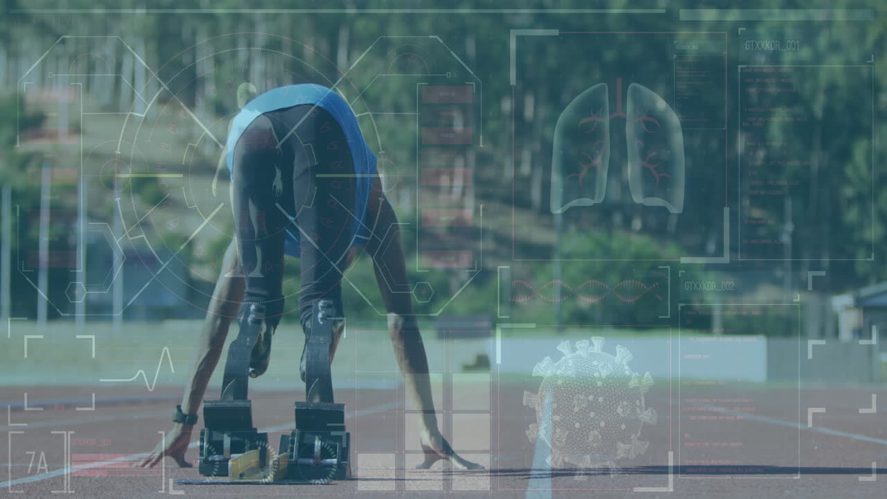 Preparing to sprint, athlete with prosthetic legs and health data animation overlay