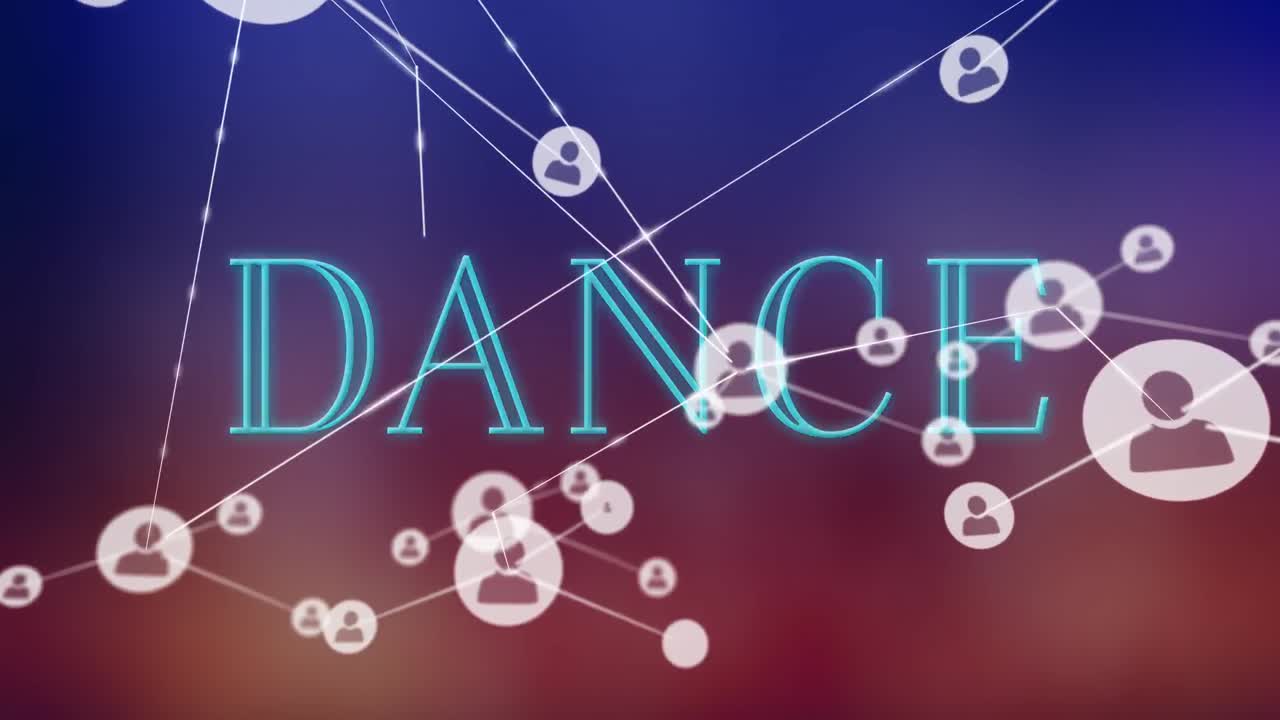 파란색 배경에 있는 춤 텍스트 위에 아이콘으로 연결된 네트워크의 애니메이션