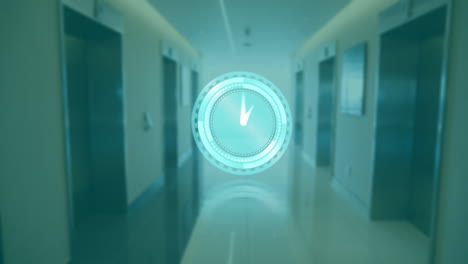 digital clock animation displayed in modern office building hallway with elevators